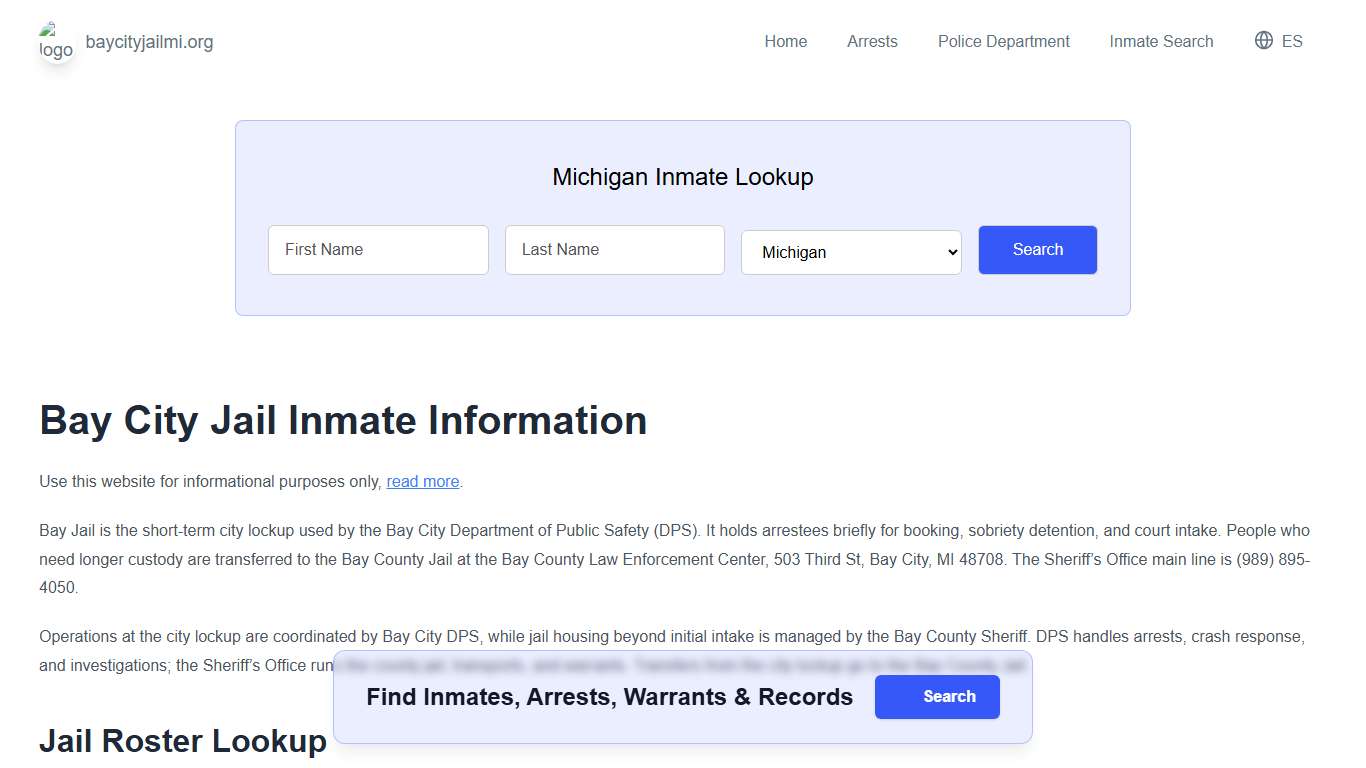 Bay Jail, MI Inmate Roster, Municipal Jail Info