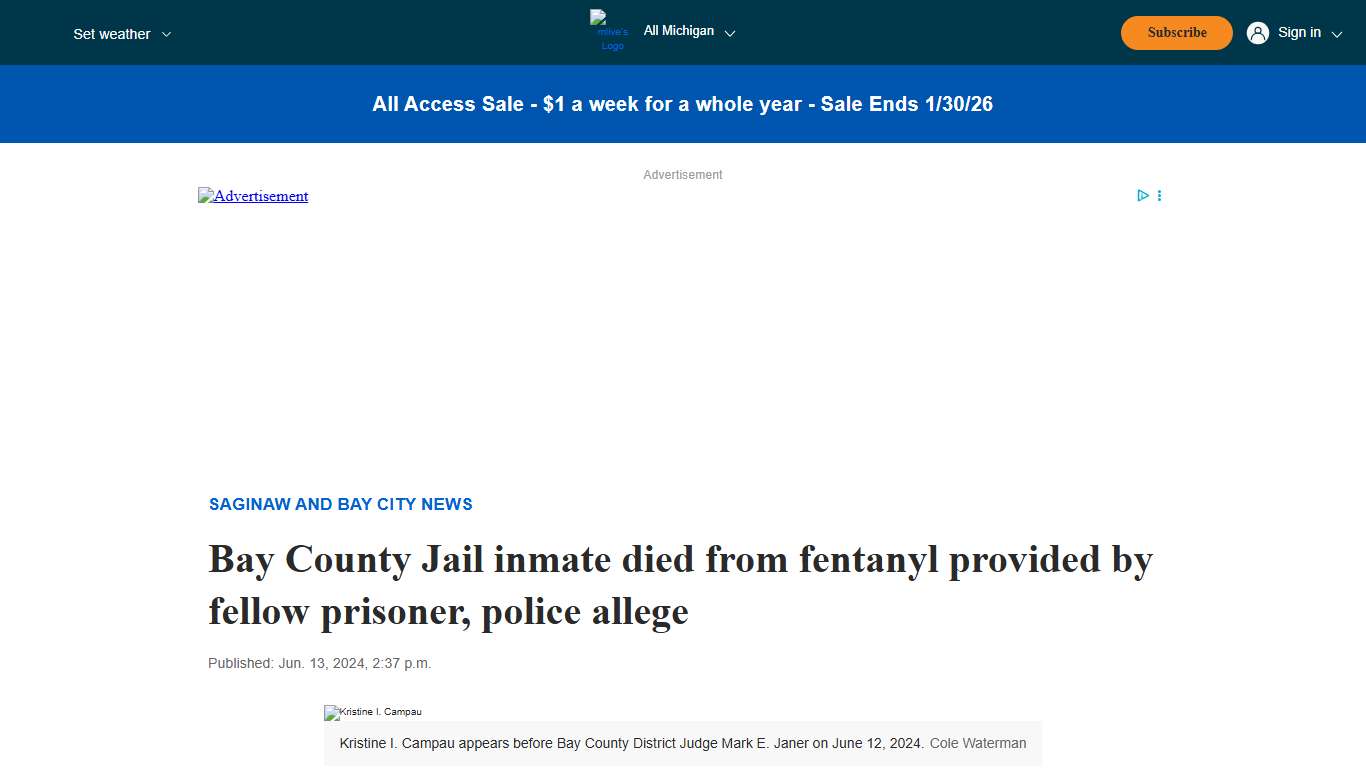 Bay County Jail inmate died from fentanyl provided by fellow prisoner, police allege - mlive.com