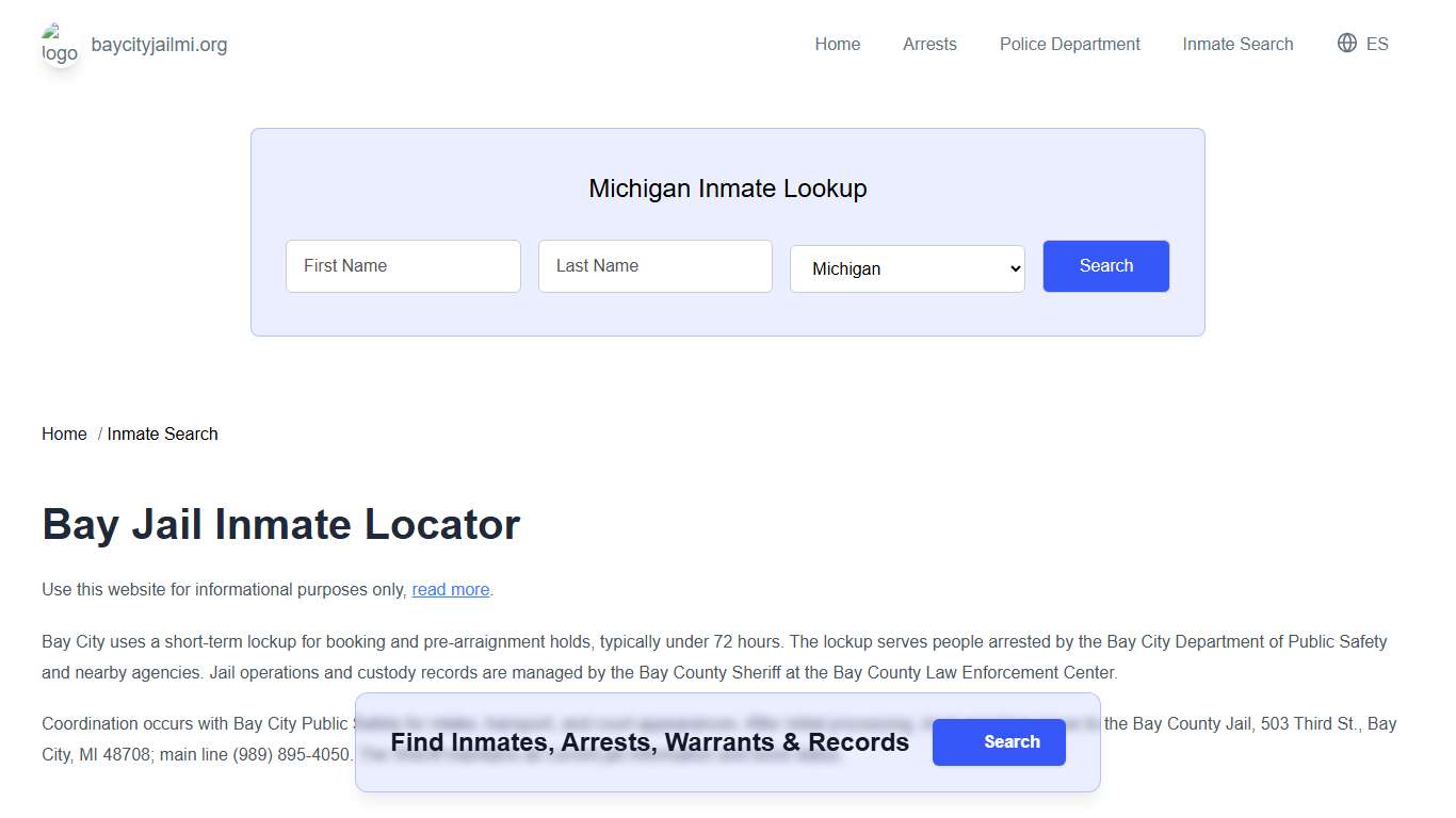 Bay, MI Municipal Jail Inmate Search